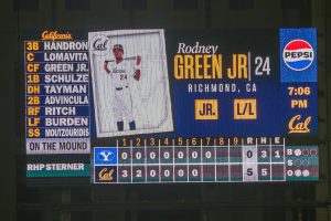 Rodney Green Jr.'s name is displayed on the scoreboard at Cal's Evans Diamond