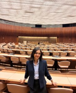 Mahi Taban sits on a row of tables inside the United Nations in Geneva, Switzerland
