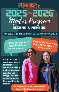2025-26 Richmond Promise Mentor Program flyer with photo of mentor-mentee pair, link to application and description of the program