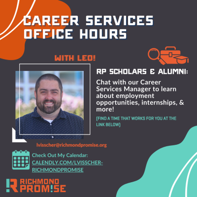 Career Services Office Hours graphic with photo of Leo Visscher and link to his calendar.
