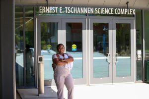 RP Scholar Avyanah Washington poses for a photo outside the Science building at Sacramento State University.