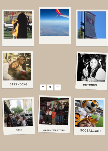 A collage of polaroid photos highlighting Jaelyn Williams and her college experience.