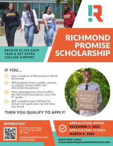 Richmond Promise Scholarship Flyer. Describes the requirements listed in text below.